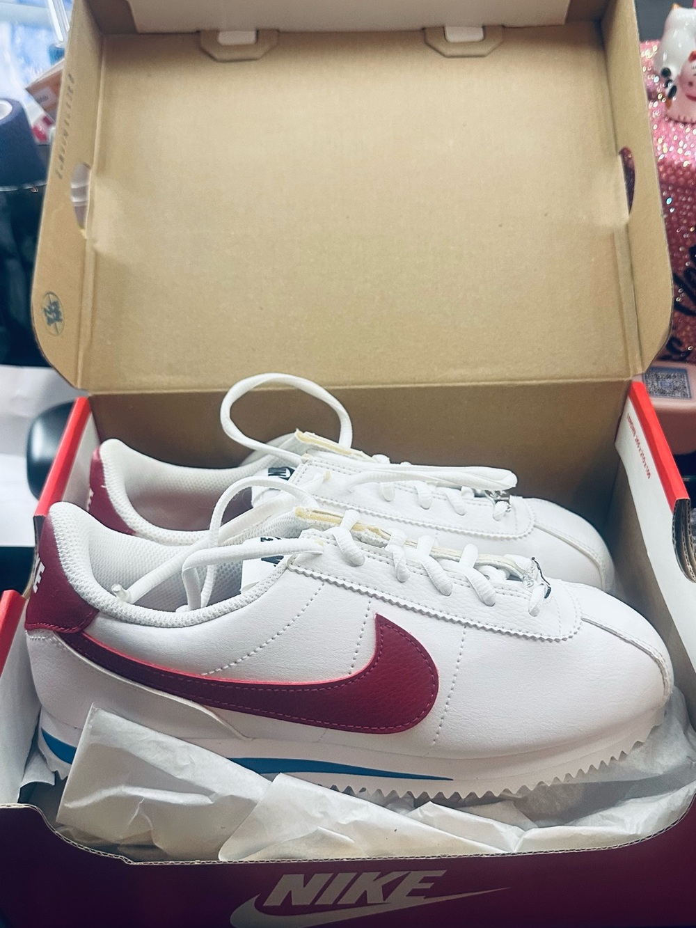 Nike White Sneakers with Burgundy Swoosh